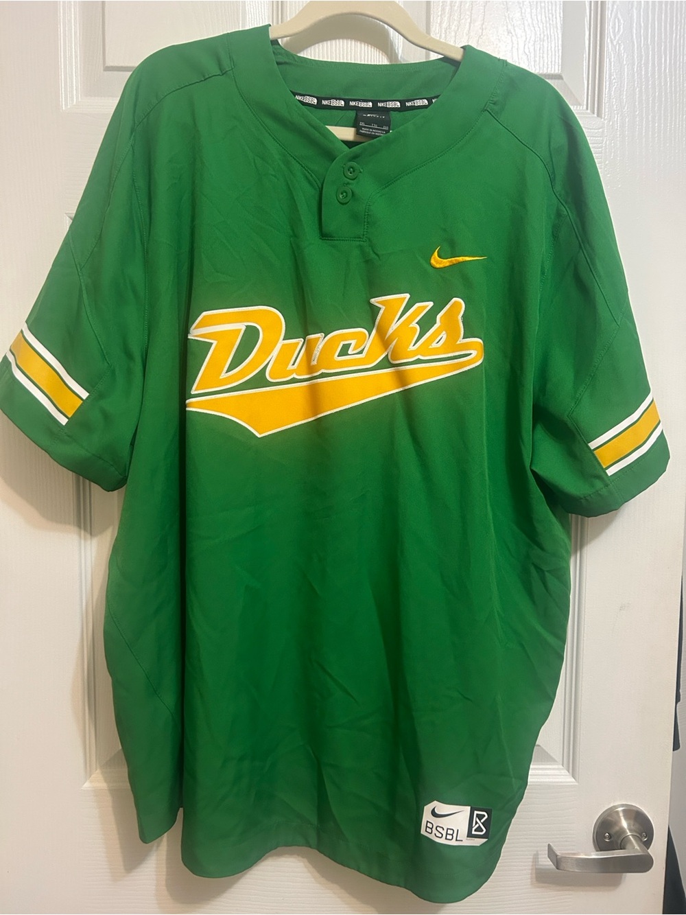 Nike Ducks Green Baseball Jersey with Yellow Script XXL